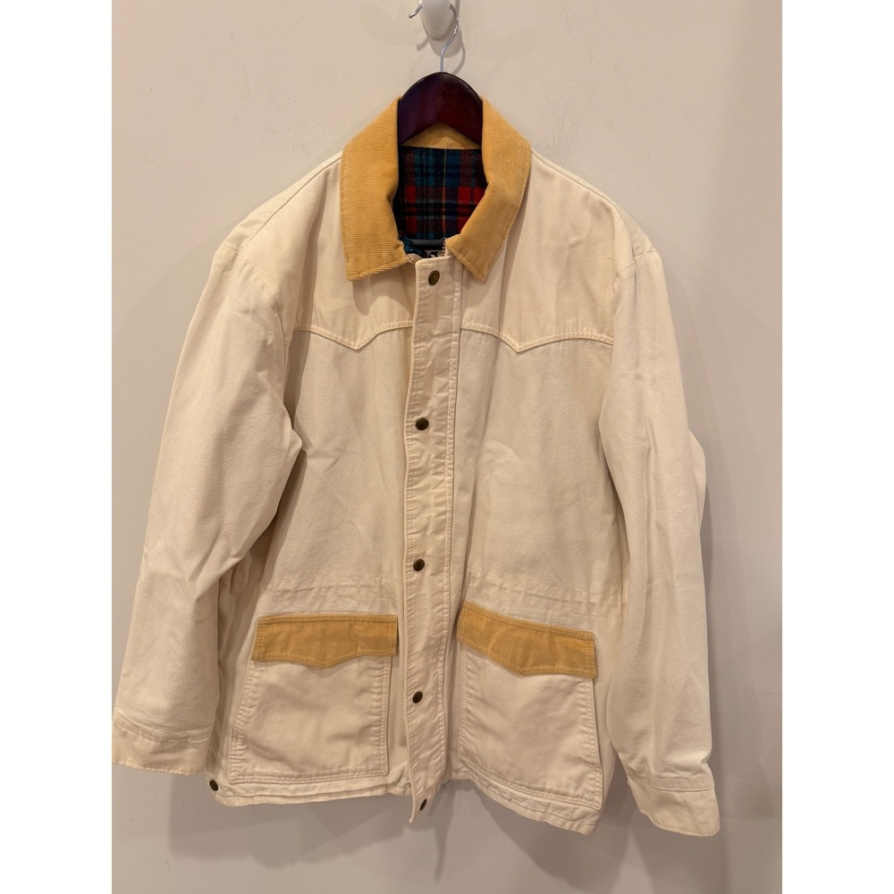 Walls Vintage Canvas Chore Jacket Plaid Lined Corduroy Collar Off White Western